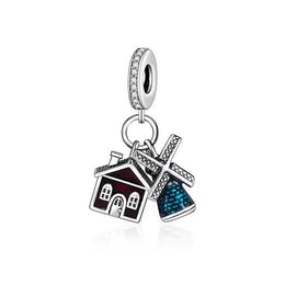 Windmill House Pandora Charm | Dutch Travel Souvenir | Blue Red Enamel Dangle | Silver Bead