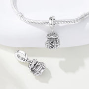 Money Bag Bead Fits Pandora Charm Bracelet, Silver Dollar Sack Wealth Prosperity Success Gift