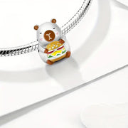 Capybara Burger Pandora Charm | Funny Eating Animal Bead | Silver Rodent Foodie Gift