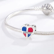Dominican Republic Bead Fits Pandora Charm Bracelet, Silver Heart Flag Caribbean Travel Jewelry Gift