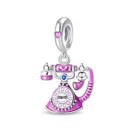 Grandma Pandora Charm 925 Silver | Pink Retro Rotary Phone Jewelry | Hello Dangle Gift