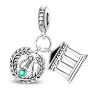 Greece Bead Fits Pandora Charm Bracelet, Silver Temple Lyre Jewelry, Greek Parthenon Travel Gift