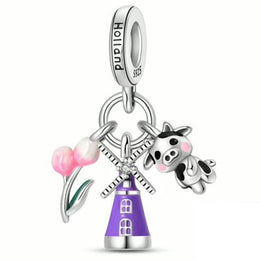 Holland Pandora Charm 925 Silver | Windmill Cow Tulip Jewelry | Netherlands Travel Gift
