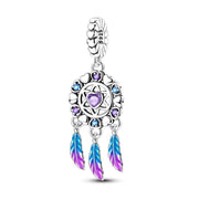 Dreamcatcher Pandora Charm | Boho Blue Feather Dangle | 925 Sterling Silver
