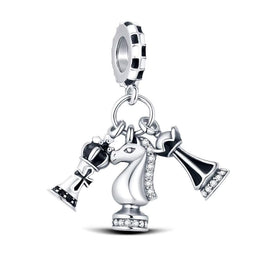 Chess Pandora Charm | King Queen & Knight | 925 Sterling Silver Board Game Jewelry | Strategy Gift