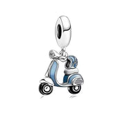 Italy Bead Fits Pandora Charm Bracelet, Blue Vintage Scooter & Helmet, Silver Travel Gift