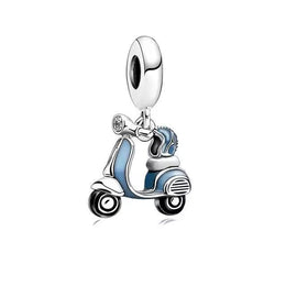 Italy Pandora Charm | Blue Vintage Scooter & Helmet | 925 Sterling Silver Travel Bead
