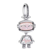 Robot Girl Bead Fits Pandora Charm Bracelet, Silver Pink Enamel Dangle Tech Jewelry Gift