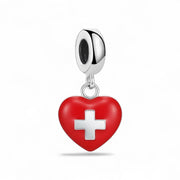 Switzerland Pandora Charm | Swiss Flag Heart | Silver Dangle | Red Enamel | Alps Travel Gift