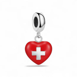 Switzerland Pandora Charm | Swiss Flag Heart | Silver Dangle | Red Enamel | Alps Travel Gift