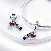 Wine Pandora Charm | Red Bottle Glasses | Cheers Dangle | Silver Alcohol | Party Gift