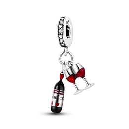 Wine Pandora Charm | Red Bottle Glasses | Cheers Dangle | Silver Alcohol | Party Gift