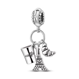France Pandora Charm | Paris Eiffel Tower | Coffee Croissant | Silver Dangle | French Breakfast Gift