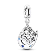 Horse Pandora Charm | Horseshoe Good Luck 925 Sterling Silver | Blue CZ Equestrian