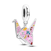 Japan Pandora Charm | Pink Origami Crane Paper Bird Pendant | 925 Sterling Silver Peace Symbol