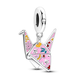 Japan Pandora Charm | Pink Origami Crane Paper Bird Pendant | 925 Sterling Silver Peace Symbol