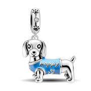 Dachshund Pandora Charm | Blue Shirt Sausage Dog | 925 Sterling Silver Puppy Pendant
