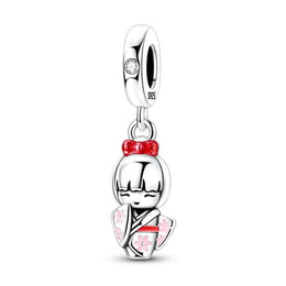 Japan Pandora Charm | Japanese Kokeshi Doll | Silver Dangle | Pink Sakura Kimono | Asian Travel Gift