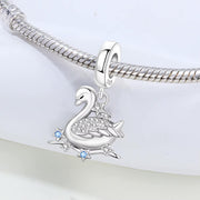 Swan Pandora Charm | Elegant Silver Dangle | Crystal Bird | Blue Stars | Animal Lover Gift