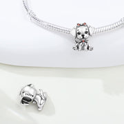 Puppy Pandora Charm | Dog Bead | Silver Pet Lover Gift | Red Bow Crystal | Animal Jewelry