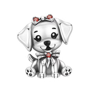Puppy Pandora Charm | Dog Bead | Silver Pet Lover Gift | Red Bow Crystal | Animal Jewelry