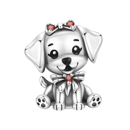 Puppy Pandora Charm | Dog Bead | Silver Pet Lover Gift | Red Bow Crystal | Animal Jewelry
