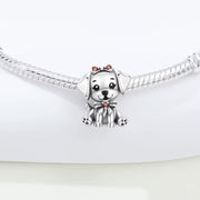 Puppy Pandora Charm | Dog Bead | Silver Pet Lover Gift | Red Bow Crystal | Animal Jewelry