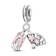 Japan Pandora Charm | Sakura Fan Geta Sandal | Pink Cherry Blossom | Silver Dangle | Tokyo Travel Gift