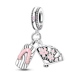 Japan Pandora Charm | Sakura Fan Geta Sandal | Pink Cherry Blossom | Silver Dangle | Tokyo Travel Gift