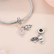 Japan Pandora Charm | Sakura Fan Geta Sandal | Pink Cherry Blossom | Silver Dangle | Tokyo Travel Gift