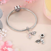 Japan Pandora Charm | Sakura Fan Geta Sandal | Pink Cherry Blossom | Silver Dangle | Tokyo Travel Gift