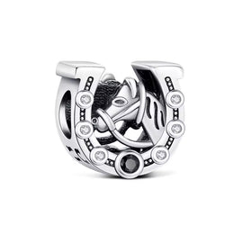 Horse Pandora Charm | Equestrian Bead | Lucky Silver Pony | Black Crystal | Cowgirl Rider Gift