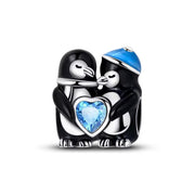 Penguin Couple Pandora Charm | Blue Heart Crystal | Hugging Birds | Silver Bead | Winter Love Gift