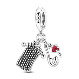 Knitting Pandora Charm | Yarn Needles Safety Pin | Silver Dangle | Red Heart | Crafting Hobby Gift