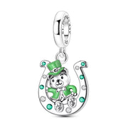 Ireland Pandora Charm | St Patrick Bear | Lucky Horseshoe | Green Crystal | Good Luck Gift