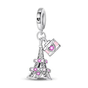 France Pandora Charm | Paris Eiffel Tower | Pink Heart Postcard | Silver Dangle | Love Travel Gift