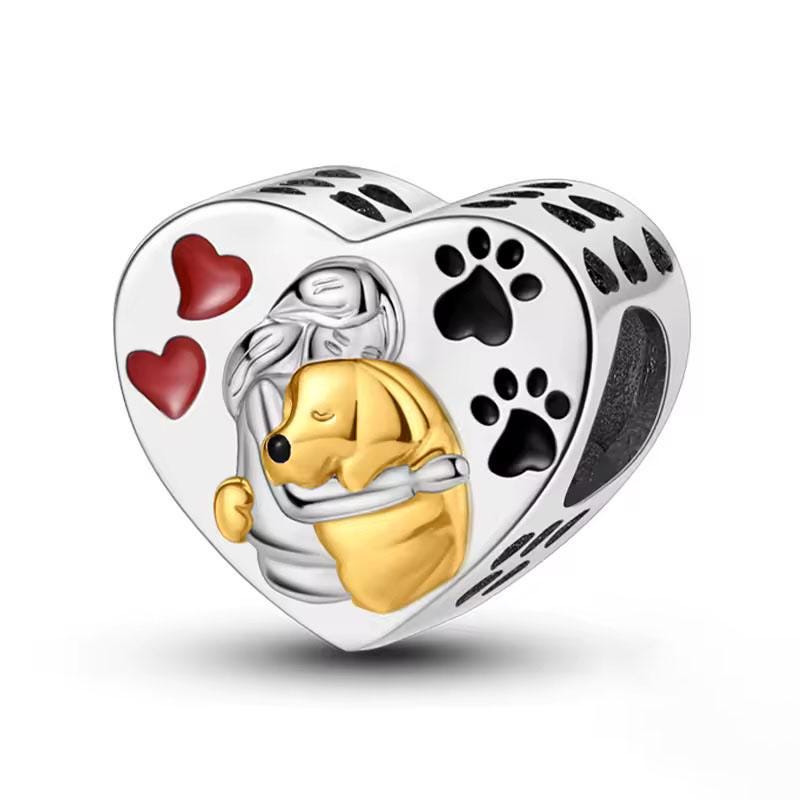 Girl Hugging Dog Heart 925 sterling silver charm