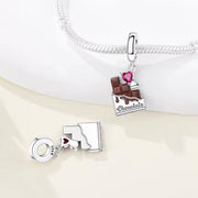Chocolate Bar Pandora Charm | Brown Enamel Candy | Pink Heart Crystal | Silver Foodie Dangle Gift