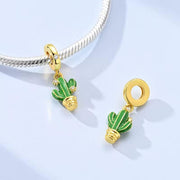 Gold Cactus Pandora Charm | Green Enamel Saguaro Dangle Plant Jewelry | Succulent Lover Gift