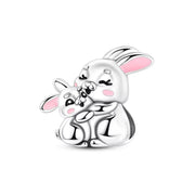 Bunny Rabbit Pandora Charm | Mom & Baby Hug | Pink Enamel Silver Bead | Easter Basket Gift