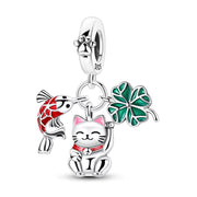 Lucky Cat Pandora Charm with Koi Fish & Clover – 925 Silver Bead – Good Luck Jewelry