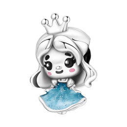 Princess Girl Pandora Charm | Blue Dress Crown | Silver Fairy Tale Bead | Daughter Granddaughter Gift