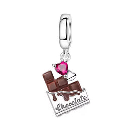 Chocolate Bar Pandora Charm | Brown Enamel Candy | Pink Heart Crystal | Silver Foodie Dangle Gift