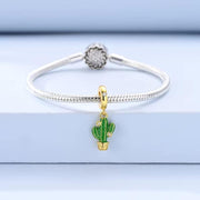 Gold Cactus Pandora Charm | Green Enamel Saguaro Dangle Plant Jewelry | Succulent Lover Gift