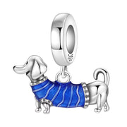 Dachshund Pandora Charm | Blue Sweater Sausage Dog | Silver Puppy Dangle | Doxie Mom Gift