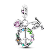 Peace Sign Pandora Charm | Dove Bird Pink Heart | Triple Dangle | Hippie Flower Power Gift