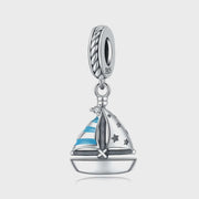 Sailboat Pandora Charm | Blue Stripe Boat | Silver Nautical Dangle | Summer Ocean Travel Gift