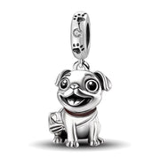 Pug Dog Bead Fits Pandora Charm Bracelet, Silver Puppy Animal Pet Collar Enamel Jewelry