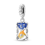 Hourglass Pandora Charm | Sun Moon Day Night | Celestial Blue Yellow Enamel | Time Flies Gift