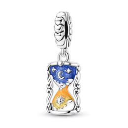 Hourglass Pandora Charm | Sun Moon Day Night | Celestial Blue Yellow Enamel | Time Flies Gift